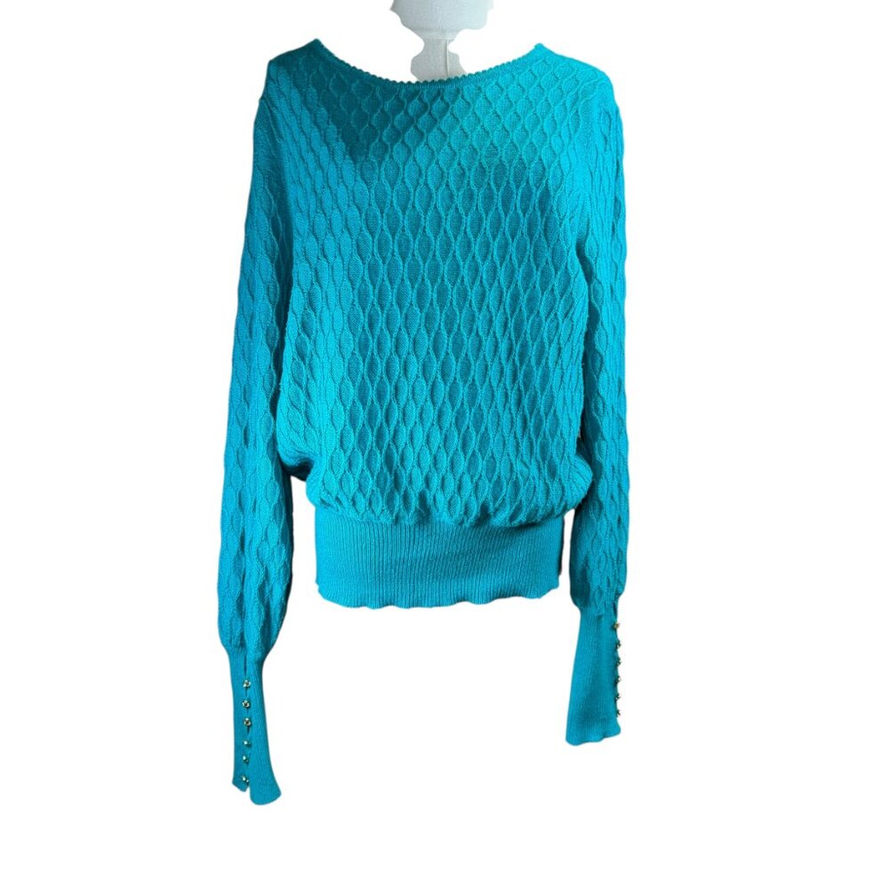 Lilly Pulitzer Teal Textured Knit Sweater Large Gold Button Cuff Bishop Sleeve